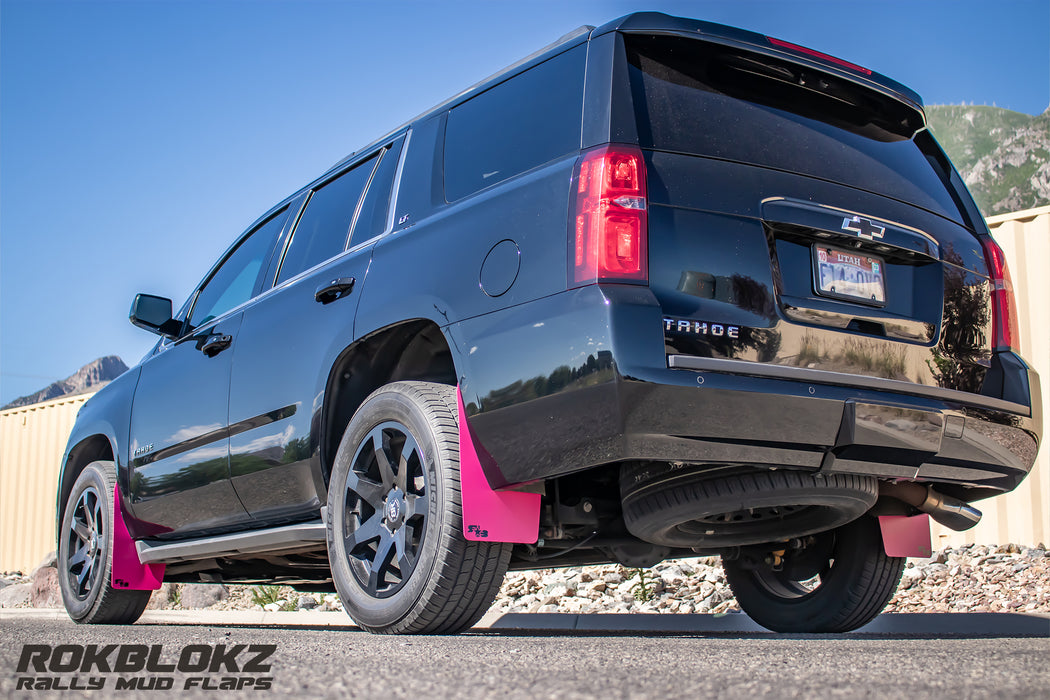 2015 Chevy Tahoe Ft. Rokblokz Mud Flaps in Pink - rear 3/4 low