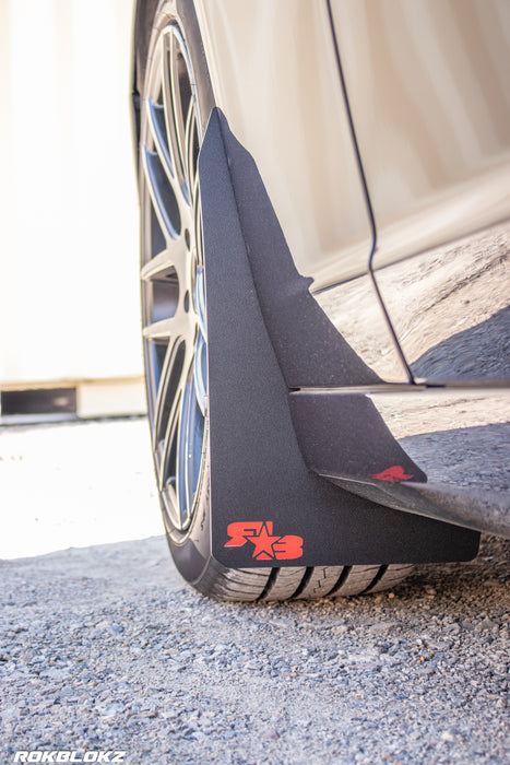2016 Camaro featuring Rokblokz Rally Style Mud Flaps in Black w/ red logo