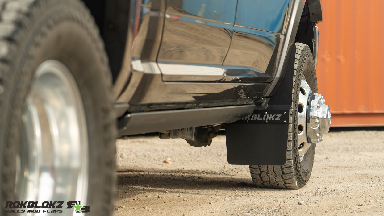 2019 Ram 3500 Dually Featuring ROKBLOKZ Step Back Mud Flaps - front flap 2