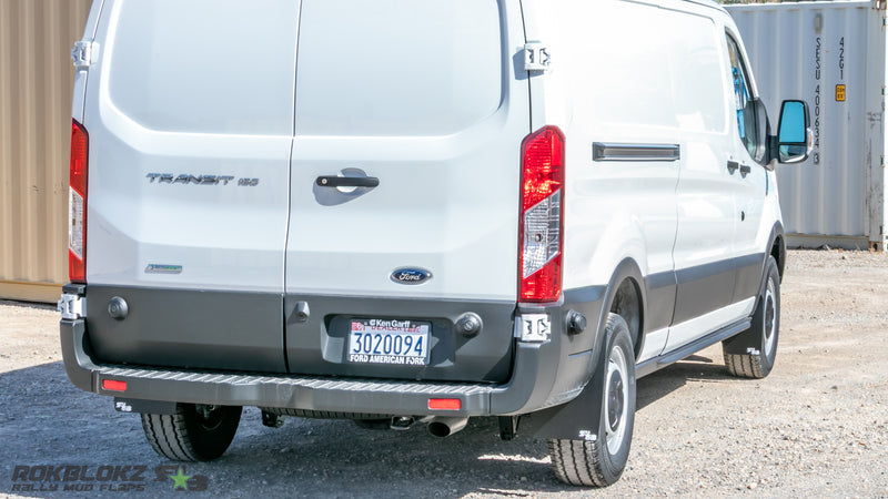 2019 Ford Transit 150 Featuring Rokblokz Mud Flaps - rear corner