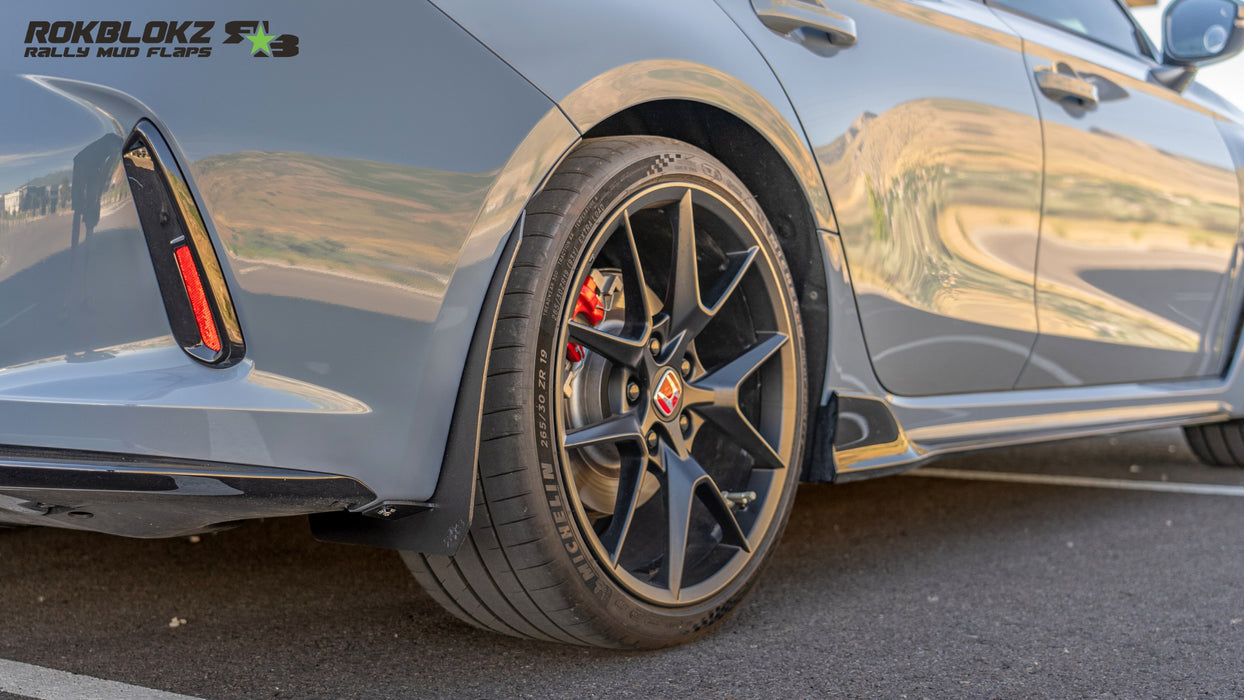 2023 Honda Civic Type R featuring Rokblokz rally inspired Splash Guards in black - rear guard