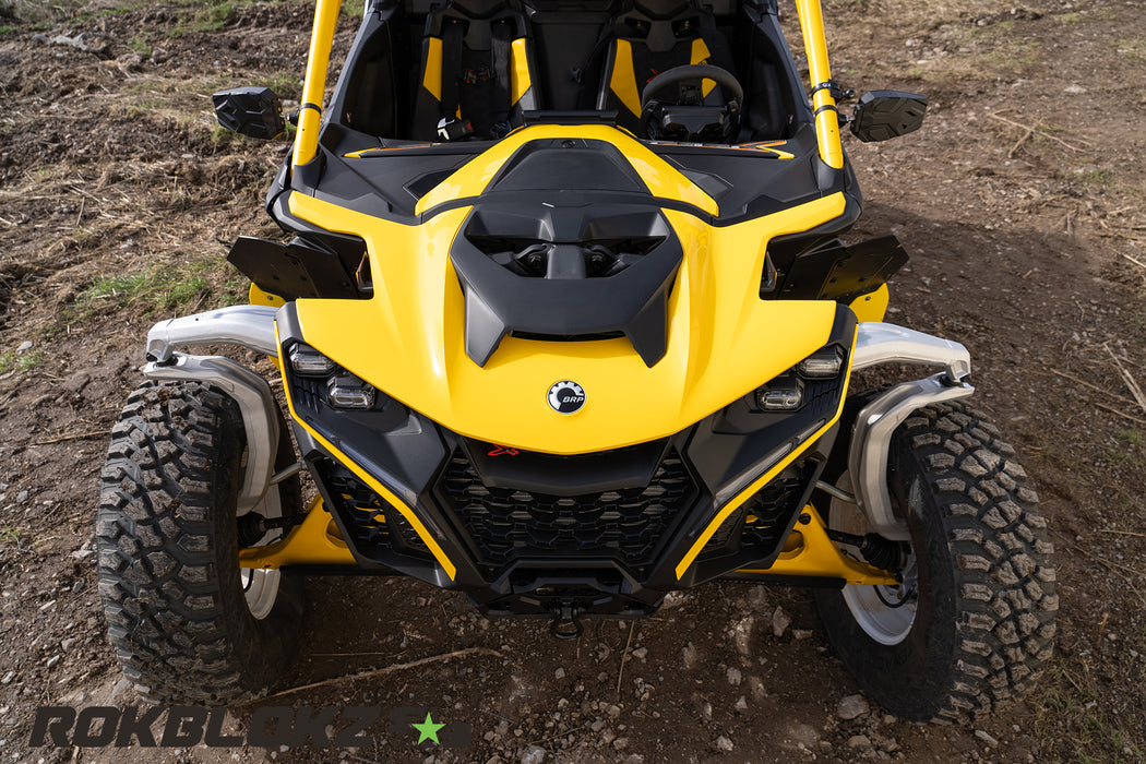 2024 CanAm Maverick R Ft. Rokblokz Fender extension kit w/yellow accents - front from above