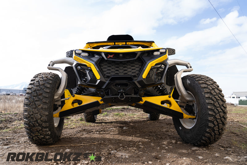 2024 CanAm Maverick R Ft. Rokblokz Fender extension kit w/yellow accents - front low view