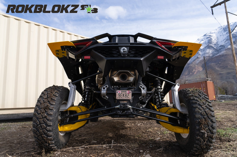 2024 CanAm Maverick R Ft. Rokblokz Fender extension kit w/yellow accents - back view