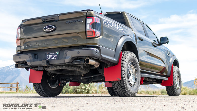 Rokblokz High Clearance mud flaps installed on 2024 Ford Ranger Raptor with 35 inch tires