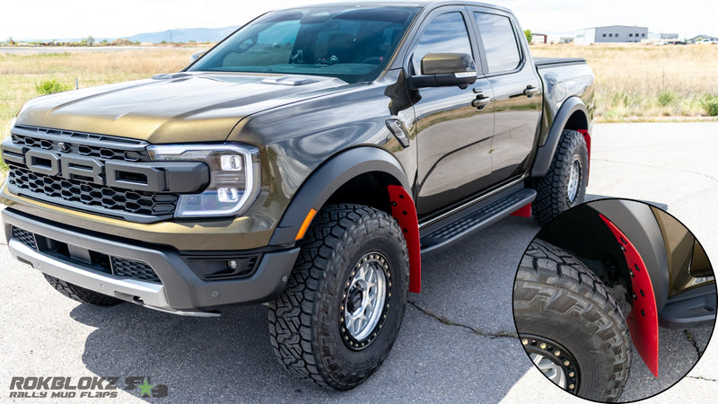 Close-up of Rokblokz mud flap mounting points on 2024 Ford Ranger Raptor