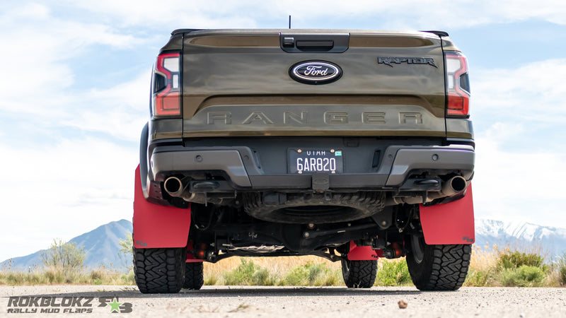 Rear view of 2024 Ranger Raptor with Rokblokz high clearance mud flaps