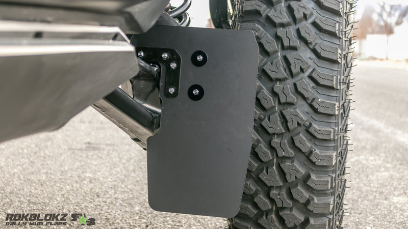 2025 CanAm Maverick R Featuring Rokblokz Upgraded Trailing Arm Mud Flaps for OEM Bracket - Main up close
