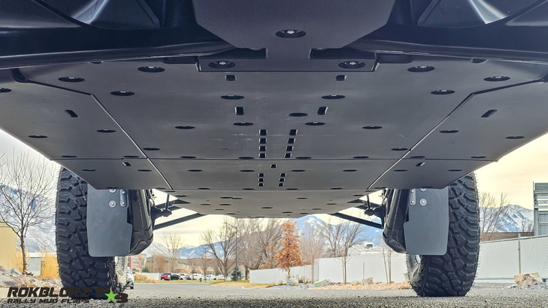 2025 CanAm Maverick R Featuring Rokblokz Upgraded Trailing Arm Mud Flaps for OEM Bracket - rear from underneath