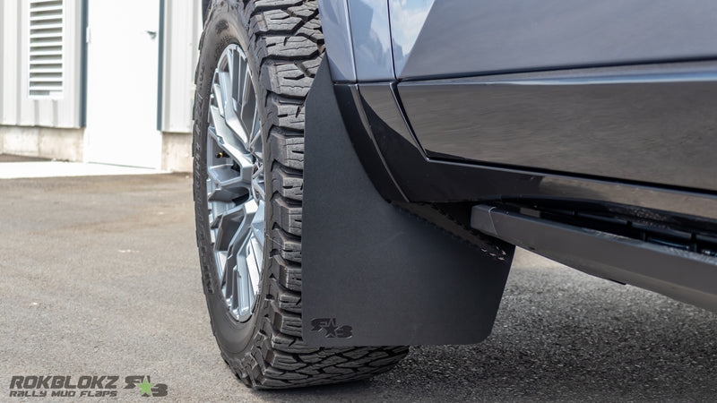 Front RokBlokz mud flap installed on Lexus GX 550 showcasing coverage