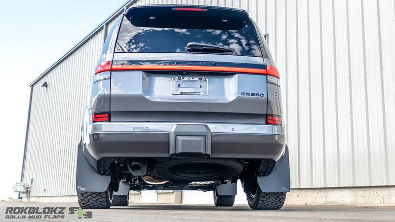 Rokblokz XL Rally style mud flaps on a 2024+ Lexus GX550 view from behind