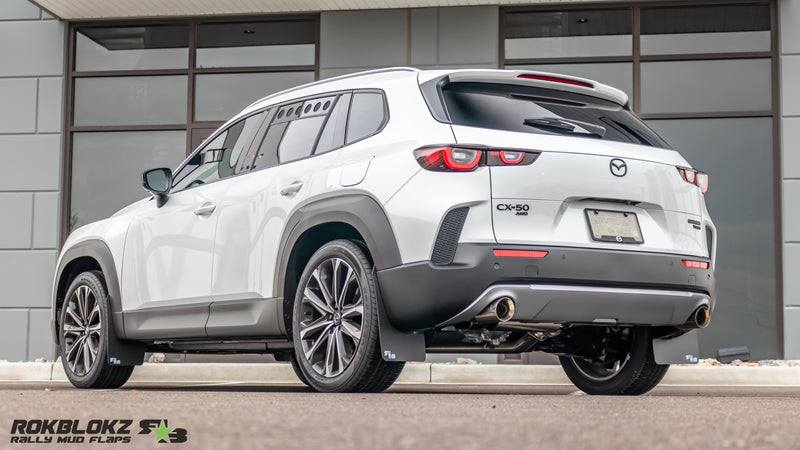 2023+ Mazda CX-50 featuring Rokblokz Rally Mud Flaps in Black - Main