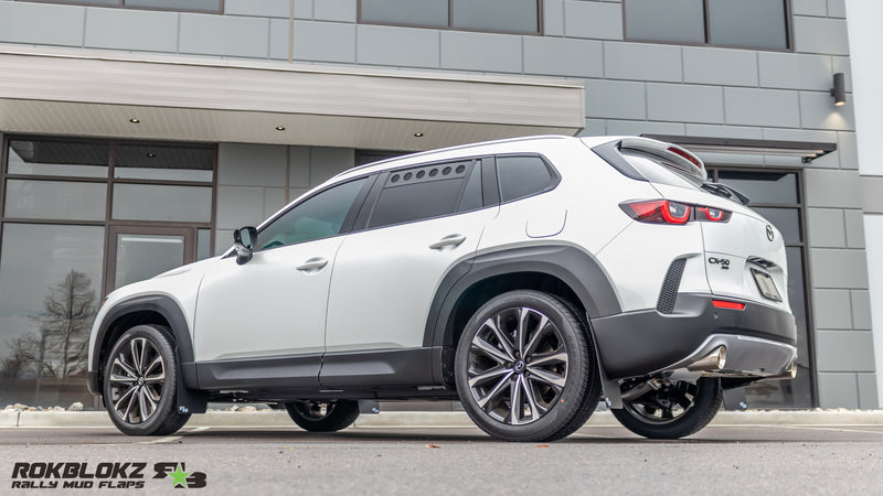 2023+ Mazda CX-50 featuring Rokblokz Rally Mud Flaps in Black - rear 3/4 view