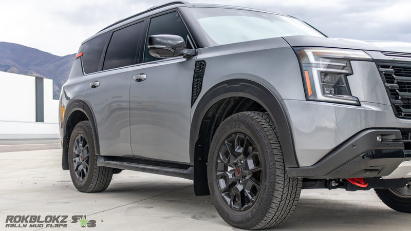 Rokblokz Nissan Armada mud flaps mounted using factory locations