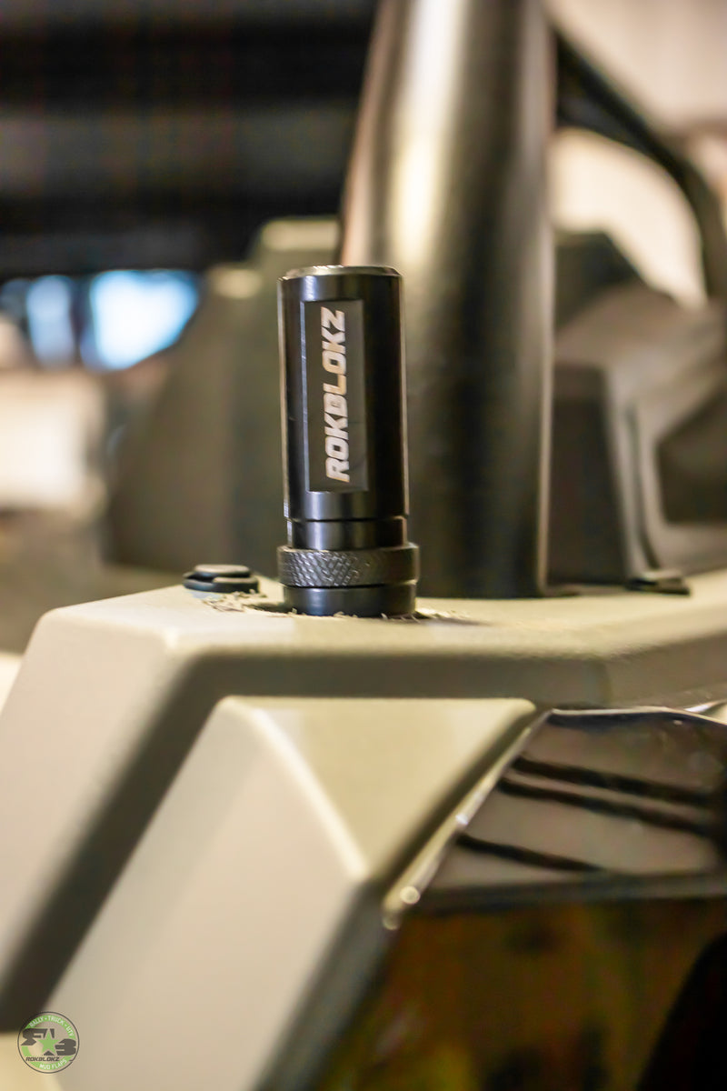 Rokblokz Push-to-Lock quick disconnect flag/whip mount base  shown mounted on Polaris RZR 