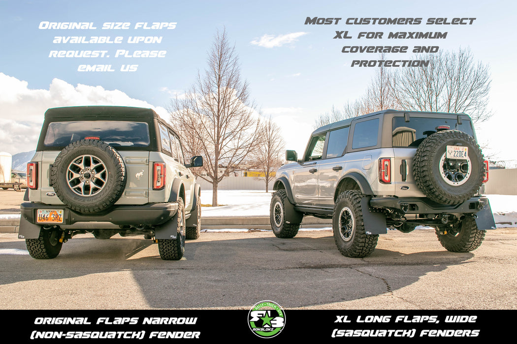 Bro-flaps: Sasquatch Front Mudflaps / Splash Guards for All Bronco Models  With or Without Rock Sliders and Factory Sidesteps 