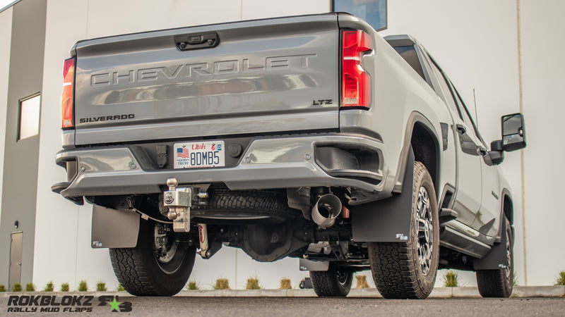 2020+ Chevrolet Silverado 2500/3500HD Featuring Rokblokz Mud Flaps with splash guard delete - rear 3/4