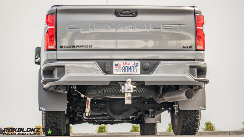 2020+ Chevrolet Silverado 2500/3500HD Featuring Rokblokz Mud Flaps with splash guard delete - Back end