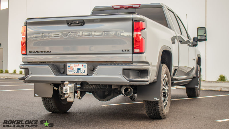 2020+ Chevrolet Silverado 2500/3500HD Featuring Rokblokz Mud Flaps with splash guard delete.2