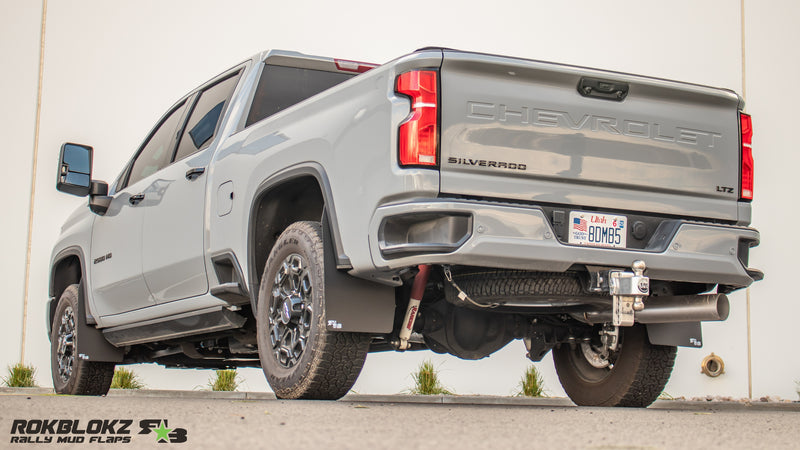 2020+ Chevrolet Silverado 2500/3500HD Featuring Rokblokz Mud Flaps with splash guard delete
