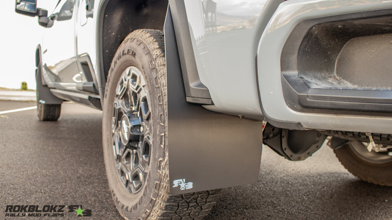 2020+ Chevrolet Silverado 2500/3500HD Featuring Rokblokz Mud Flaps with splash guard delete - Rear