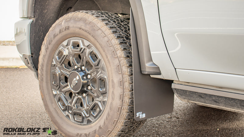 2020+ Chevrolet Silverado 2500/3500HD Featuring Rokblokz Mud Flaps with splash guard delete - Front 