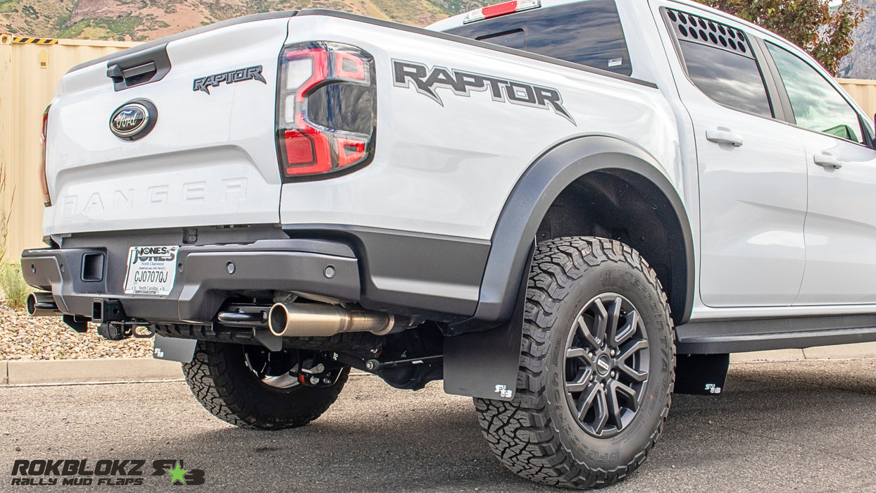 2024 Ranger Raptor featuring Rokblokz Mid-Ship Mud Flap - rear corner