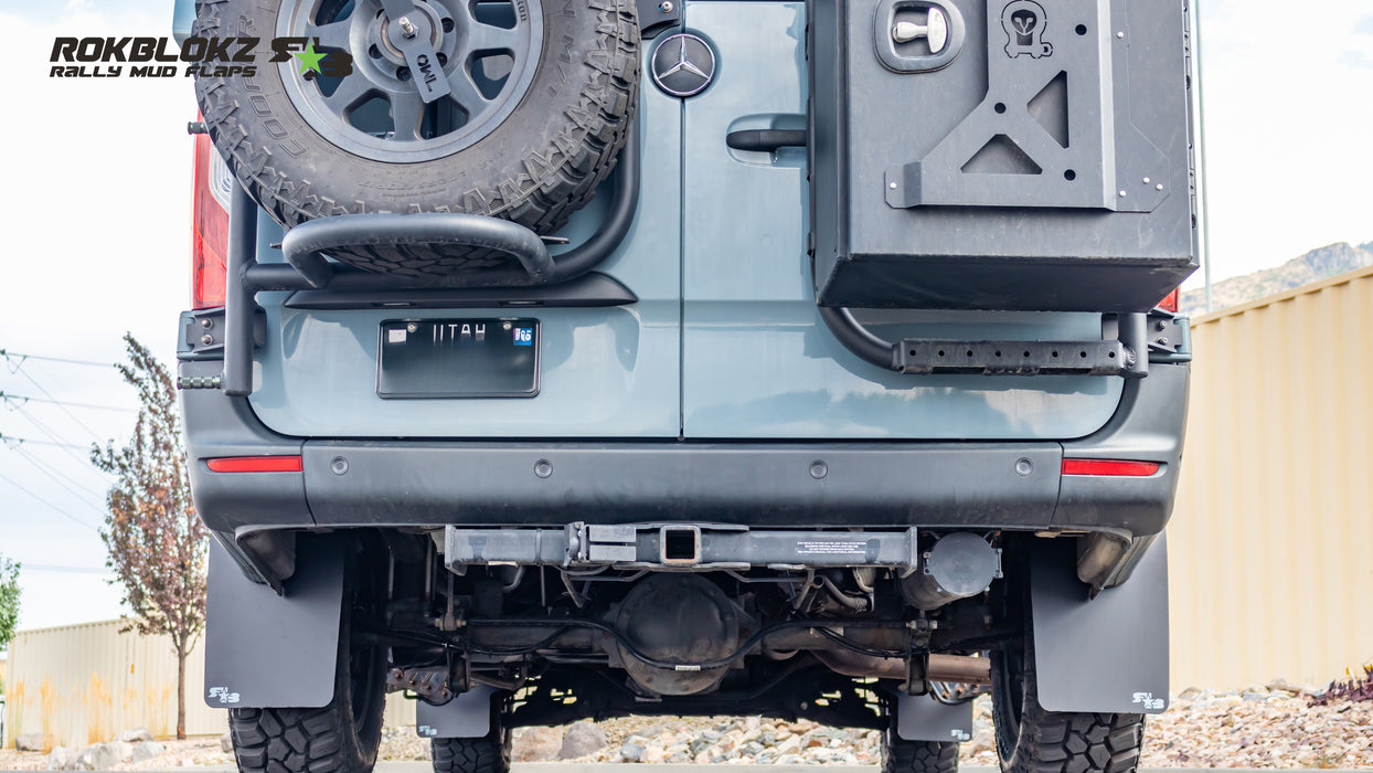 2019+ MercedesBenz Sprinter Featuring Rokblokz High Clearance Mud Flaps in Black - from the rear