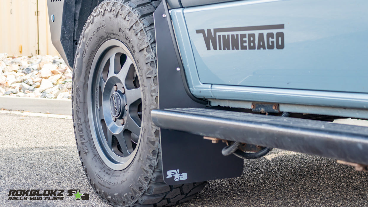 2019+ MercedesBenz Sprinter Featuring Rokblokz High Clearance Mud Flaps in Black - Front Flap Close up