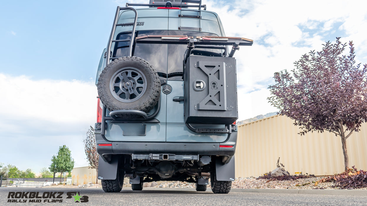 2019+ MercedesBenz Sprinter Featuring Rokblokz High Clearance Mud Flaps in Black - Full Rear view