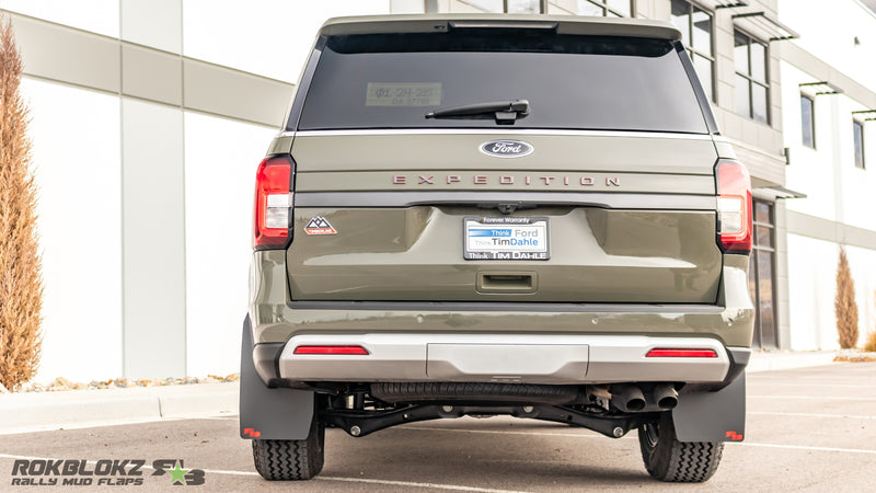 2024 Ford Expedition Timberline featuring Rokblokz Rally Mud Flaps in black - rear view
