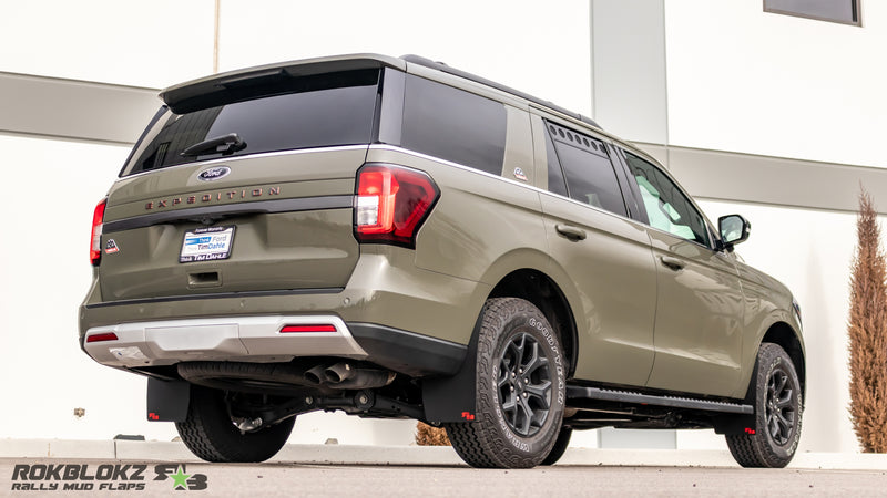2024 Ford Expedition Timberline featuring Rokblokz Rally Mud Flaps in black - rear 3/4 view