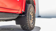 Rokblokz Step-Back Mud Flaps installed on 2020+ GMC Sierra 2500/3500HD Front Flap details