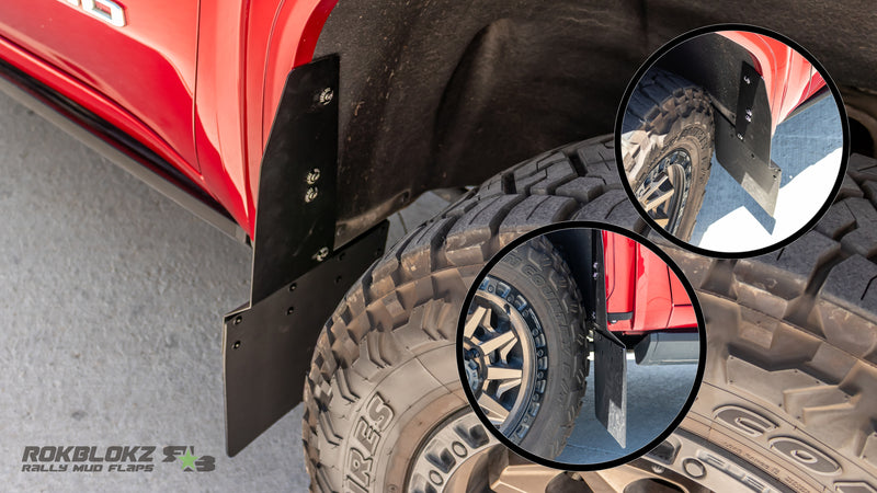 Rokblokz Step-Back Mud Flaps installed on 2020+ GMC Sierra 2500/3500HD showing stainless hardware and durable polymer material.