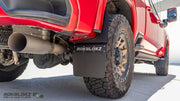 Rear angle of Rokblokz Step-Back Mud Flaps installed on 2020+ GMC Sierra 2500/3500HD