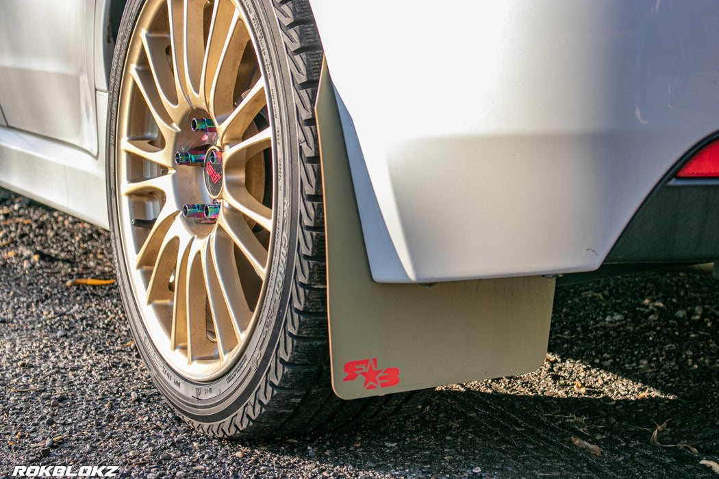 08-14 STI Hatch featuring Rokblokz Rally style Mud flaps in Olive Drab/red logo Original