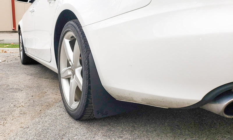 08-16 Audi A4 Wagon Featuring Rokblokz Rally Mud Flaps in Black - side up close