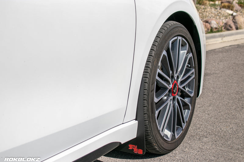 2020 Kia Forte GT Featuring Rokblokz Mud Flaps in Black w/ Red logo - Front Flap