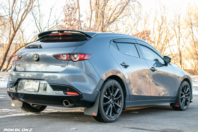 2021 AWD Mazda3 Turbo Featuring Rokblokz Mud Flaps in Black w/ red logo Original length