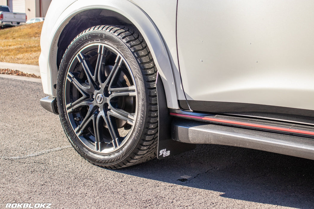 10-17 Nissan Juke NISMO featuring Rokblokz Rally Mud Flaps - front side view